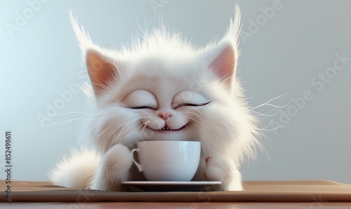 cute cat vivid expression, cute fluffy kitten,The kitten cute cat having coffee,,funny facial expressions,exaggerated movements,Fluffy and soft hair,3D character,white background,a little fluffy,elong photo