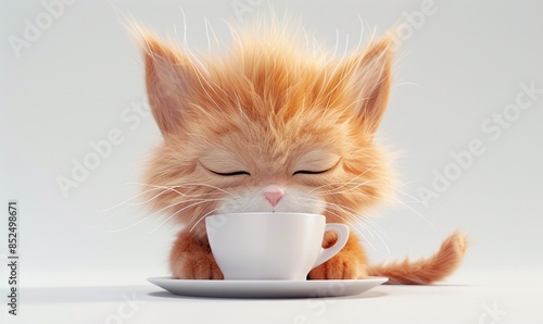 cute cat vivid expression, cute fluffy kitten,The kitten cute cat having coffee,,funny facial expressions,exaggerated movements,Fluffy and soft hair,3D character,white background,a little fluffy,elong photo