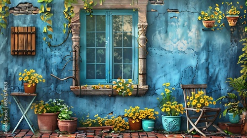 Window blue in an old house decorated with flower pots and yellow flowers with a wooden chair on brick wall background very detailed and realistic shape