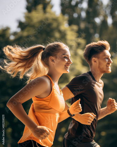 An athletic young couple in sportswear is jogging in the park. A young and joyful couple is running in a summer park.