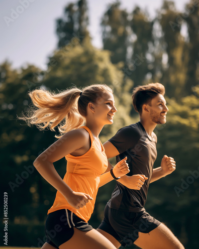 An athletic young couple in sportswear is jogging in the park. A young and joyful couple is running in a summer park.