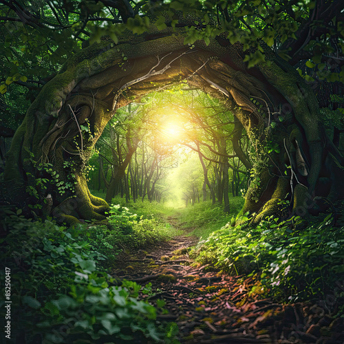 Enchanted Forest Portal: Surreal Nature Landscape with Glowing Light and Magical Path
