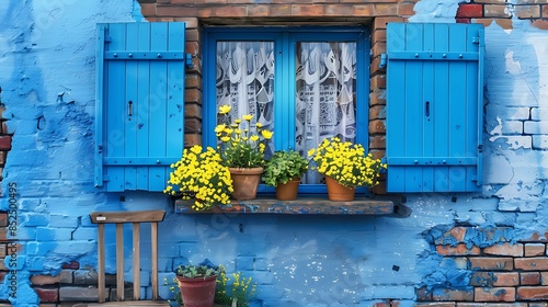 Window blue in an old house decorated with flower pots and yellow flowers with a wooden chair on brick wall background very detailed and realistic shape