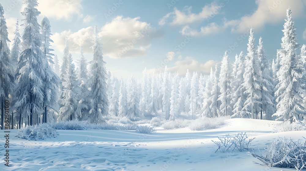 Winter landscape snow covered into pine forest with very detailed and realistic shape Winter landscape snow covered into pine forest with very detailed and realistic shape