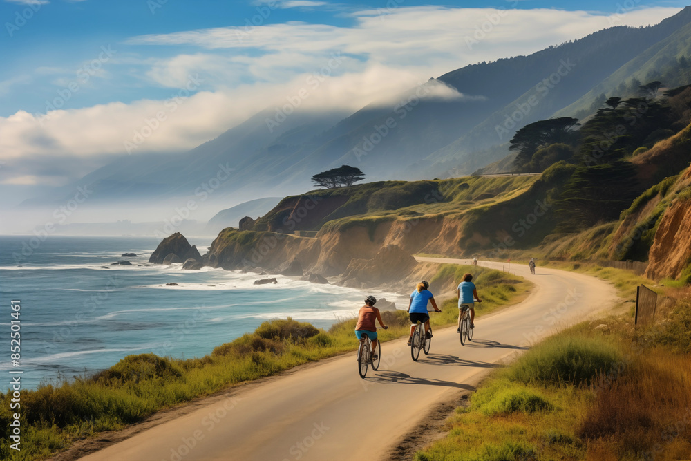 Family biking along a scenic coastal road, with the ocean stretching out beside them Family biking along a scenic coastal road, with the ocean stretching out beside them