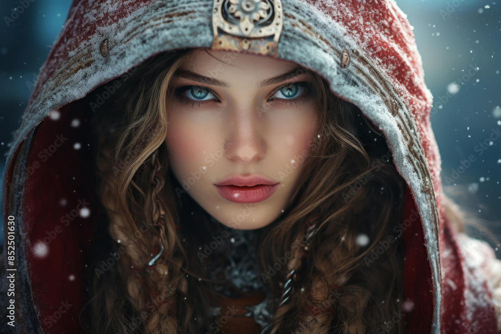 Closeup portrait of a mysterious fantasy woman in a winter hood, highlighting her beautiful features. Closeup portrait of a mysterious fantasy woman in a winter hood, highlighting her beautiful features.