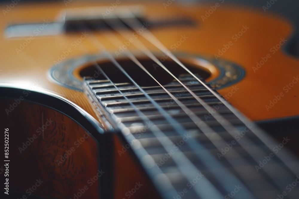 Fototapeta premium Detailed Shot of Acoustic Guitar and Accessories on Wooden Surface. Musical instrument concept