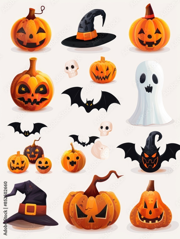 A collection of Halloween pumpkins and ghosts A collection of Halloween pumpkins and ghosts