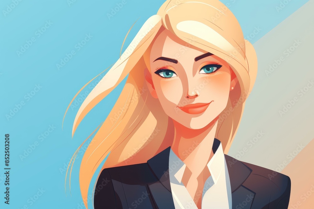 Vibrant closeup cartoon portrait of a smiling blonde operations manager on a colored background for UIUX designs. Vibrant closeup cartoon portrait of a smiling blonde operations manager on a colored background for UIUX designs.
