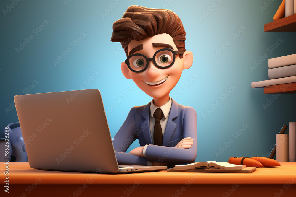Adorable cartoon businessman working at his desk in a cozy office setting.