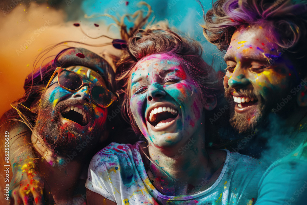 Happy indian couple applying color to each other on face and celebrate holi Happy indian couple applying color to each other on face and celebrate holi