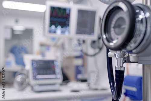 A close-up view of a medical instrument in a modern examination room, with other instruments blurred in the background