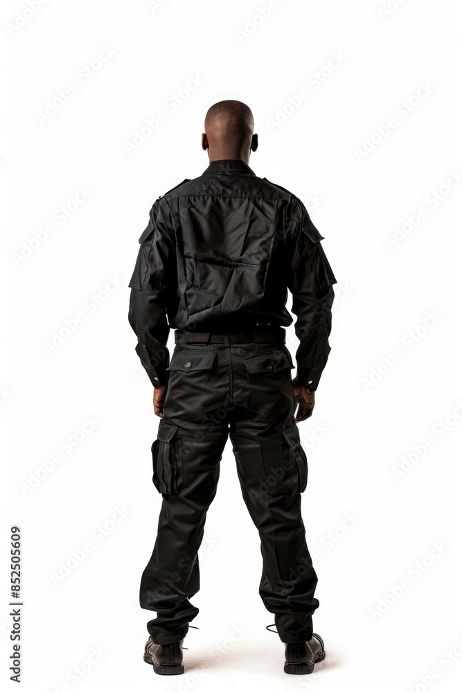 A person wearing a black uniform stands with their back to the camera, profile view A person wearing a black uniform stands with their back to the camera, profile view