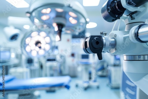 A macro shot of a surgical microscope in a modern operating room, capturing the intricate details of the equipment used in advanced medical procedures