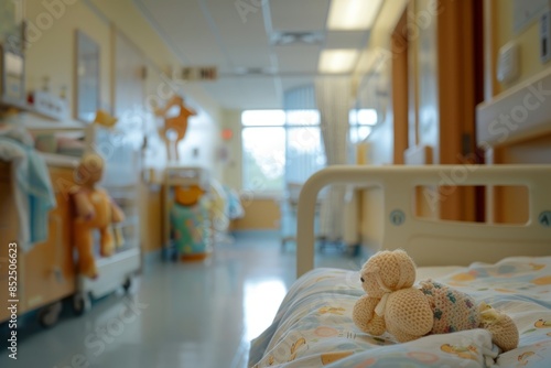 In a neonatal care unit, a crocheted toy sits on a bed, bathed in soft light, embodying the delicate and tender environment of the newborn ward photo