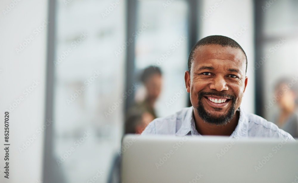 Black man, portrait and smile in office with laptop for business, research and professional career. Project manager, face and happiness in workplace with technology for management, planning and kpi Black man, portrait and smile in office with laptop for business, research and professional career. Project manager, face and happiness in workplace with technology for management, planning and kpi