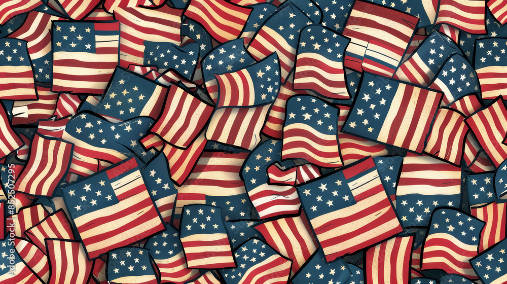 A collage of numerous American flags overlapping each other, showcasing the red, white, and blue colors with stars and stripes. A collage of numerous American flags overlapping each other, showcasing the red, white, and blue colors with stars and stripes.