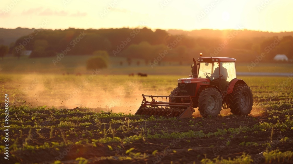 Fototapeta premium tractor in a field with a plow in the background