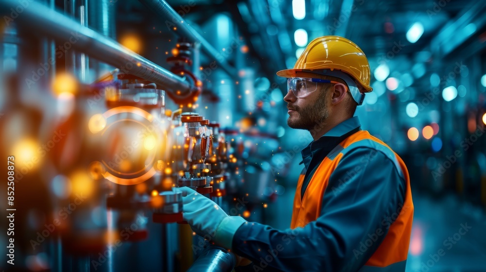Engineer wearing safety gear working in an industrial plant, inspecting machinery and ensuring smooth operation in a factory setting. Engineer wearing safety gear working in an industrial plant, inspecting machinery and ensuring smooth operation in a factory setting.