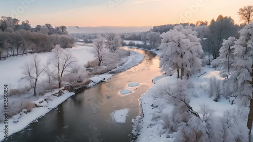 Apeaceful winter scene with a winding river through snowy landscapes photo