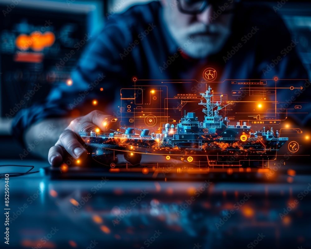 Abstract image of a man controlling a virtual ship. Technology and innovation concept with glowing digital interface and futuristic elements. Abstract image of a man controlling a virtual ship. Technology and innovation concept with glowing digital interface and futuristic elements.