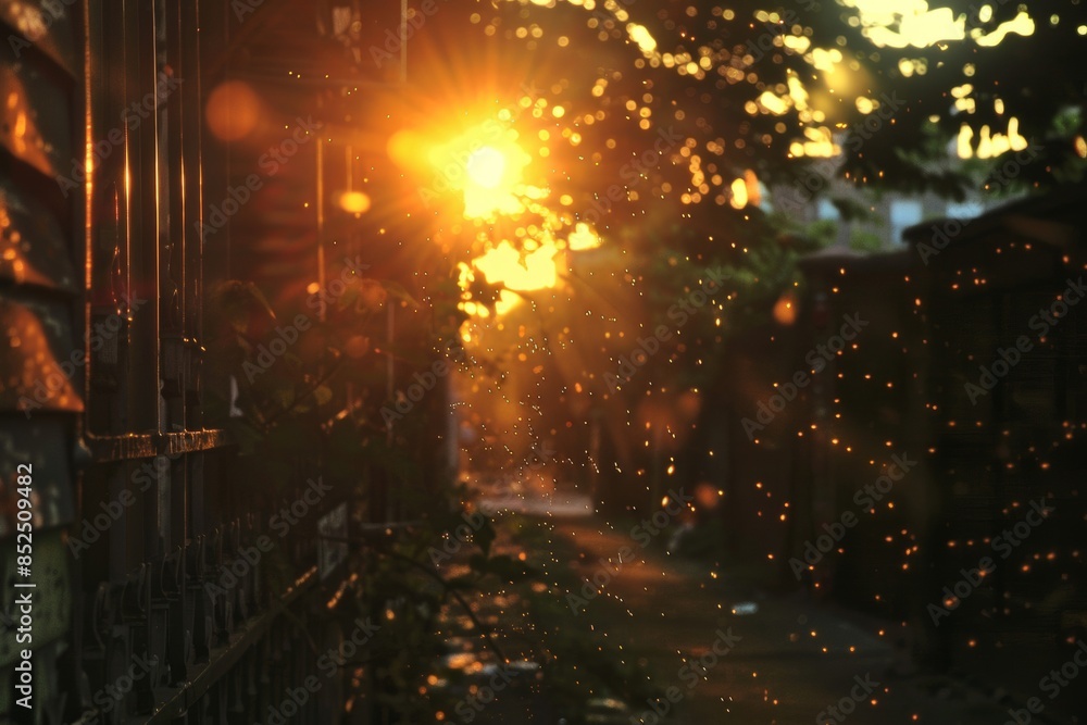 Naklejka premium A vibrant and enchanting illustration of the summer solstice, capturing the longest day of the year with a radiant sun at its peak, surrounded by lush greenery, blooming flowers