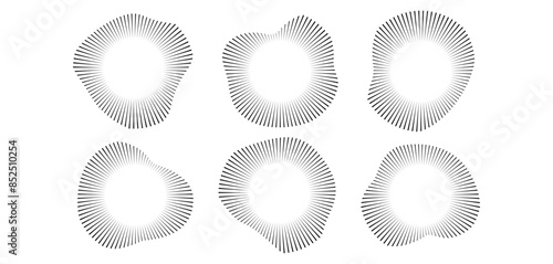 Round circular icons set. Sound waves. Symbols of voice. Ring pattern. Abstract badge radio and volume badge. Vector illustration on white background