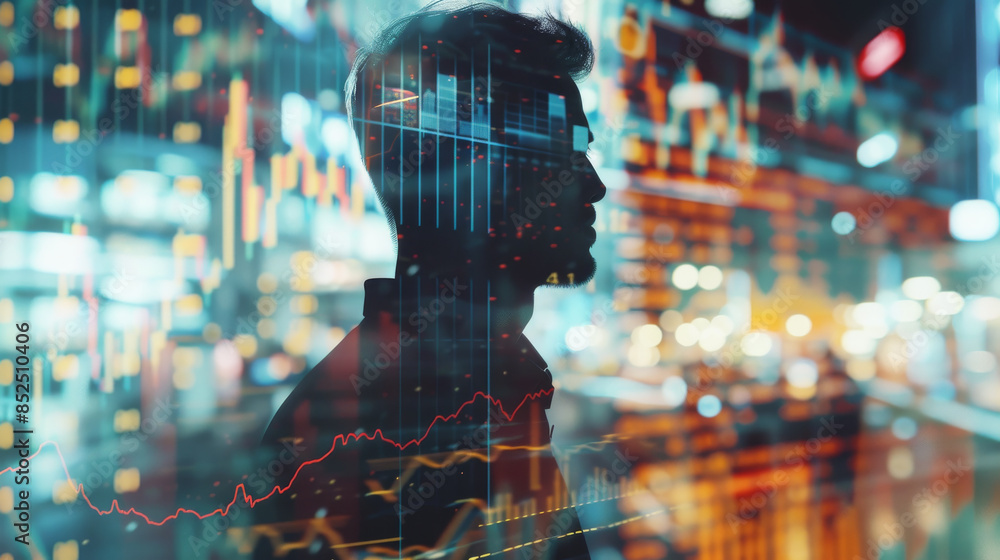 Fototapeta premium An artistic double exposure of a financier in thought, combined with images of currency, stocks, and global maps, conveying global finance and trade. 