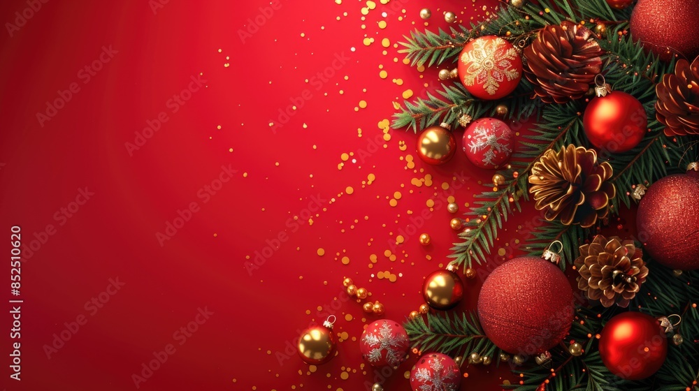 Christmas decorations and pine cones on a red background Christmas decorations and pine cones on a red background