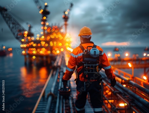 Offshore oil rig worker in safety gear on platform at dusk, industrial lights illuminating the scene over calm ocean waters.