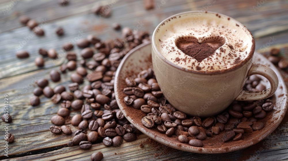 Cappuccino cup with a cocoa heart on a wooden surface Cappuccino cup with a cocoa heart on a wooden surface