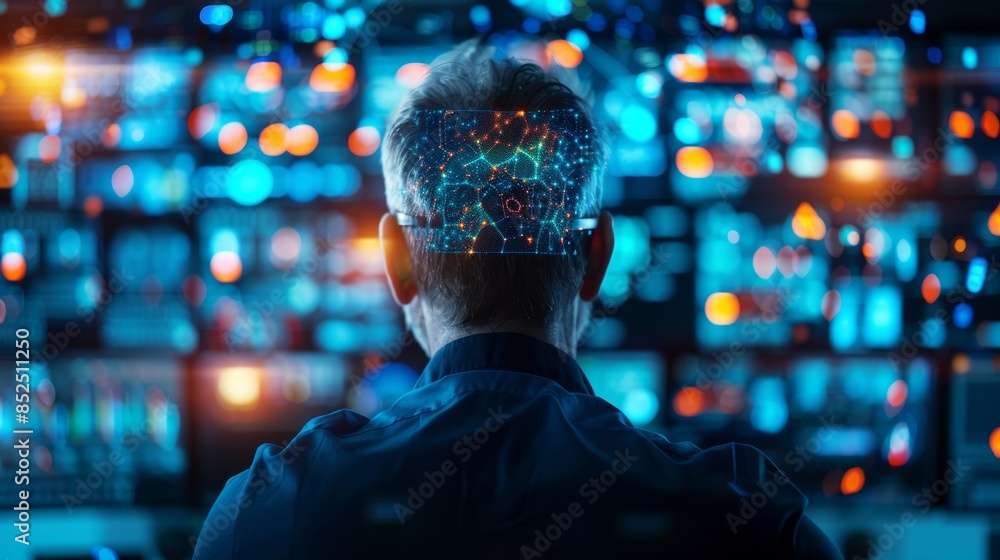Rear view of person with a digital neural network in brain, looking at multiple screens. Concept of AI, technology, and information overload. Rear view of person with a digital neural network in brain, looking at multiple screens. Concept of AI, technology, and information overload.