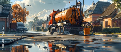 A plumber operating a sewage vacuum truck, with hoses connected to a home sewerage tank, efficiently pumping out waste and cleaning the tank in a residential area high-resolution photo