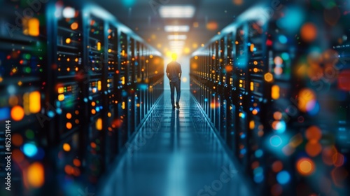 Silhouette of a person walking through a brightly lit data center hallway, surrounded by server racks and glowing lights. © Narongsak
