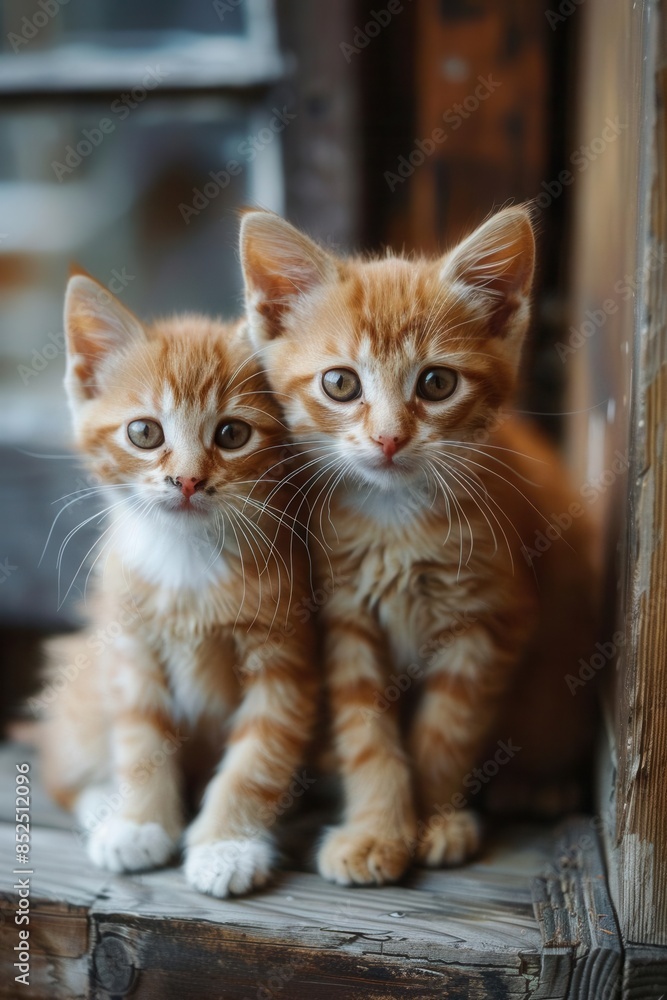 Orange and white kittens on a wooden floor, sitting close together, warm and soft lighting, eyelevel shot, focus on their cute expressions Orange and white kittens on a wooden floor, sitting close together, warm and soft lighting, eyelevel shot, focus on their cute expressions