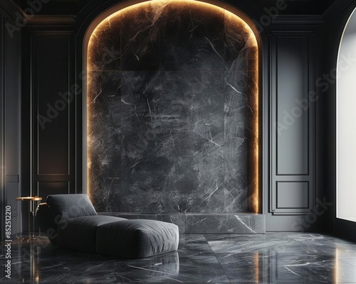 AIgenerated image of an elegant empty dark room at night, soft lighting enhancing textures, minimalist design, open space for copy, moody and luxurious setting photo