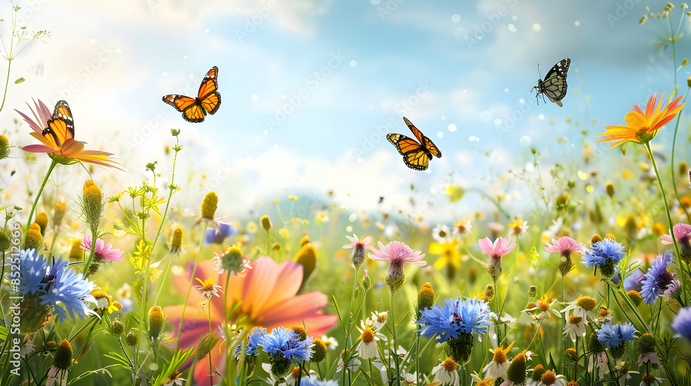 Beautiful Colorful Spring Meadow with Butterflies Illustration Beautiful Colorful Spring Meadow with Butterflies Illustration