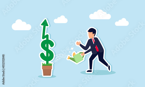  Investment and business growth lead to stock market profits and increased earning, concept of A successful businessman waters a dollar sign plant growing up a graph