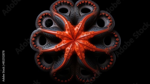 Mandala a octopus made from fractals, showcasing the intricate patterns and textures in high resolution detail. The octo's skin is a vibrant red with orange gradients. photo