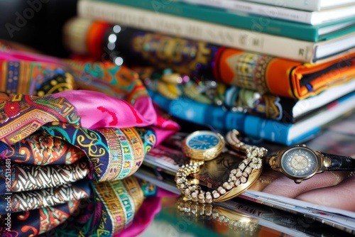 A close-up shot of fashionable accessories, including watches and a colorful scarf, arranged on a reflective surface