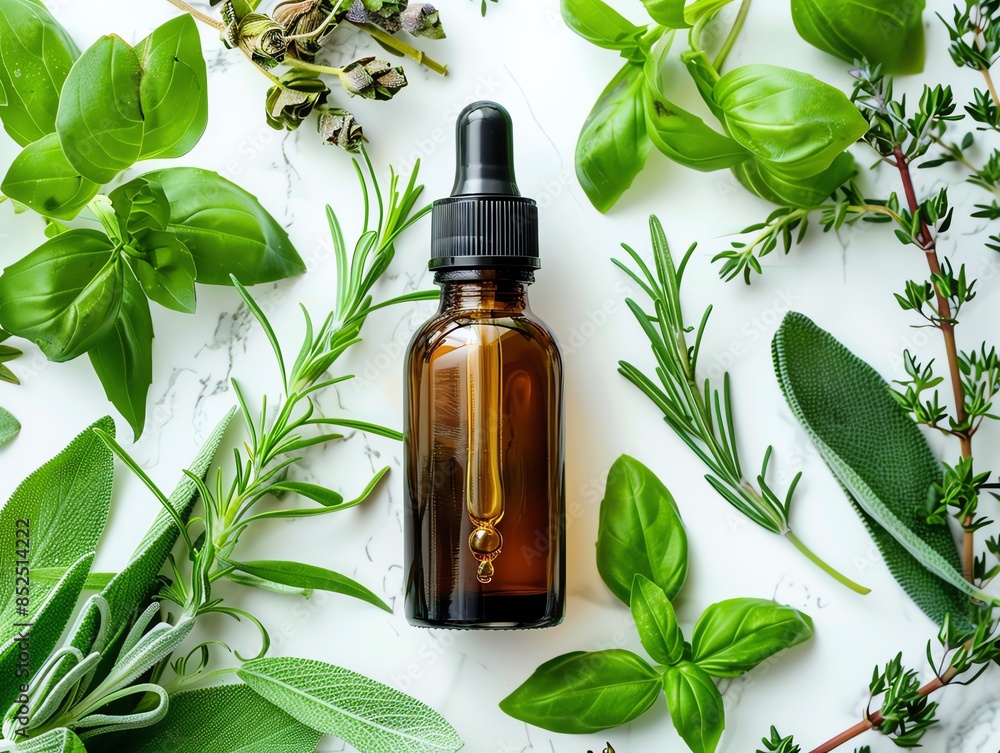 A bottle of scalp treatment serum with a dropper, surrounded by fresh herbs A bottle of scalp treatment serum with a dropper, surrounded by fresh herbs