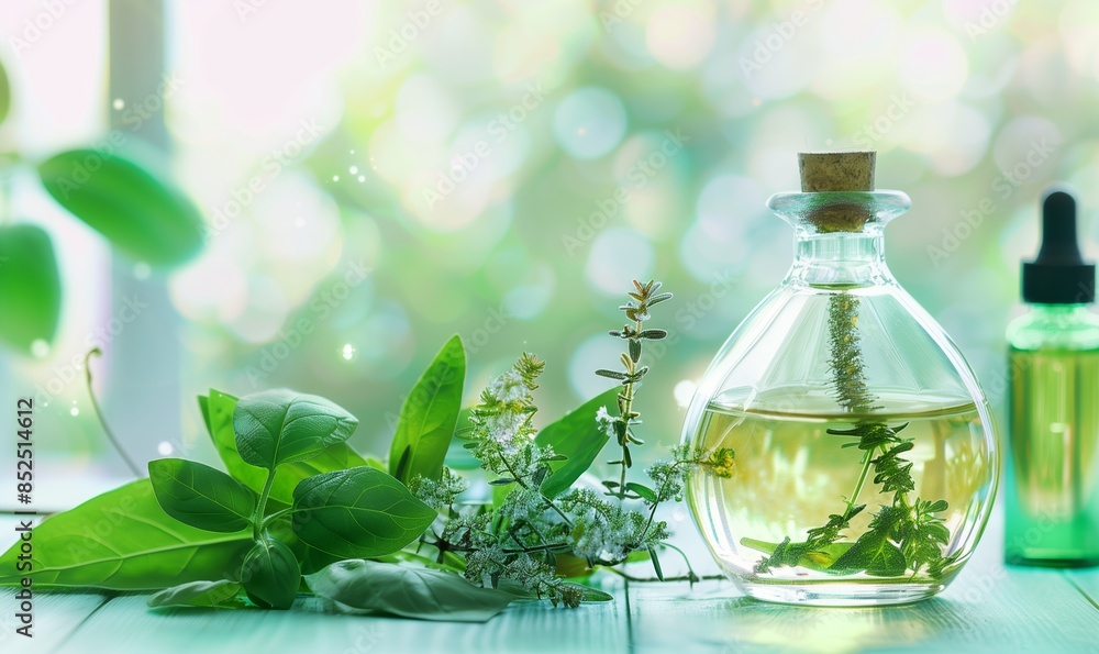 Composition of glass bottles with fresh essential oil for aromatherapy, Herbal treatment Composition of glass bottles with fresh essential oil for aromatherapy, Herbal treatment