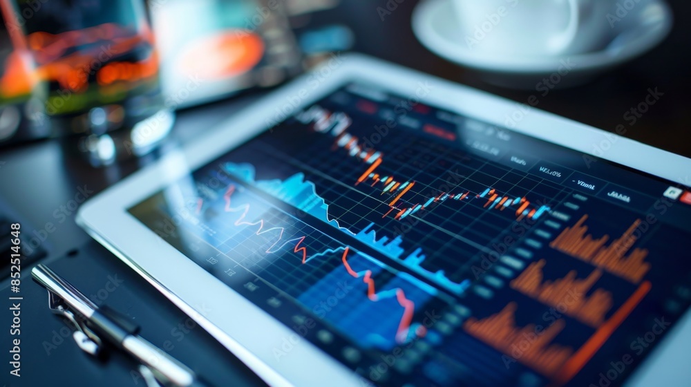 Modern Tablet Computer Displaying Financial News Website with Stock Market Trends and Expert Analysis Modern Tablet Computer Displaying Financial News Website with Stock Market Trends and Expert Analysis