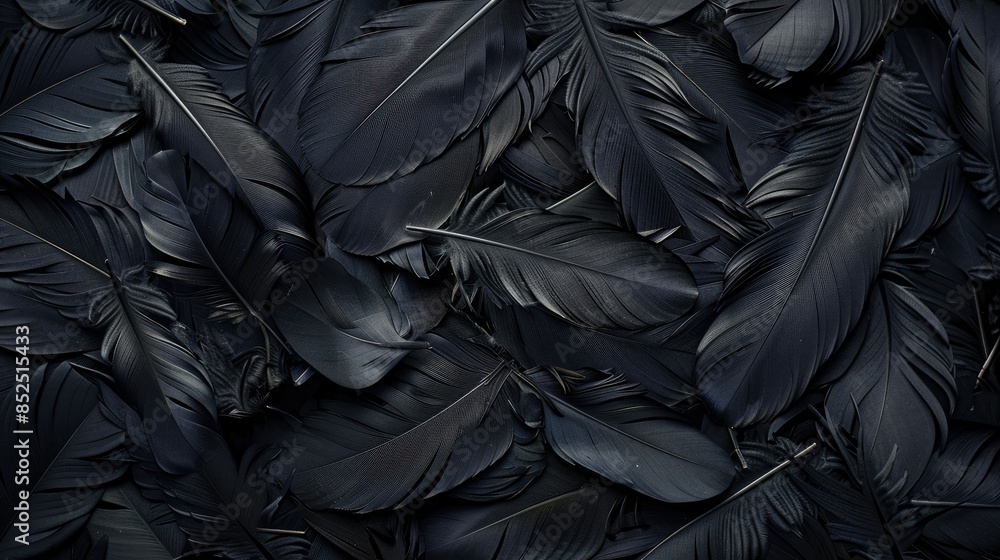 Feathers in black with a unique design against a backdrop Feathers in black with a unique design against a backdrop