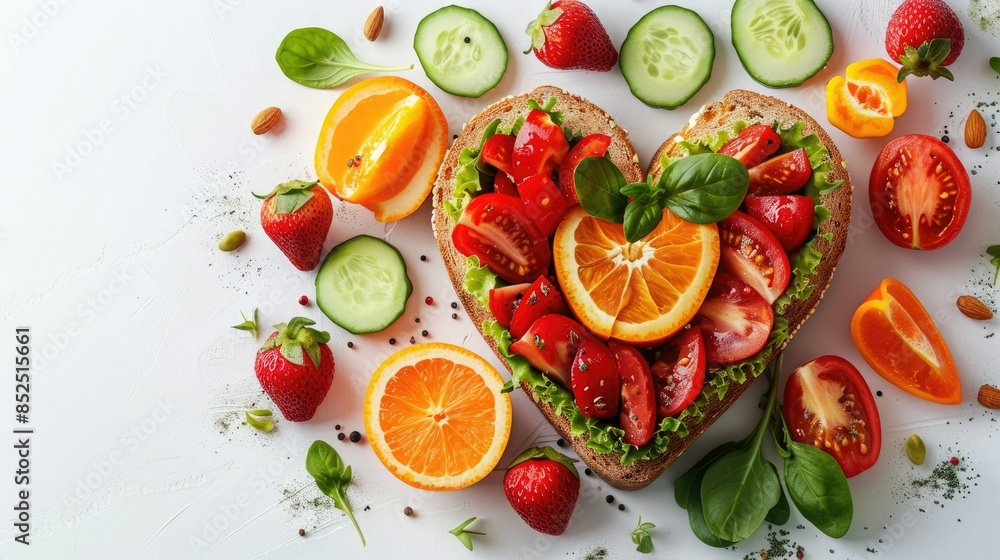 Heart-shaped avocado toast topped with fresh vegetables and fruits including cucumber, strawberry, orange, tomato, and spinach on a white background. Heart-shaped avocado toast topped with fresh vegetables and fruits including cucumber, strawberry, orange, tomato, and spinach on a white background.