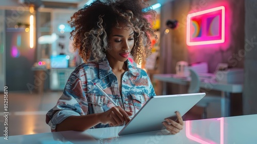 Content creator working with a tablet, editing social media posts, sleek office, bright ambient light, Modern, Digital art