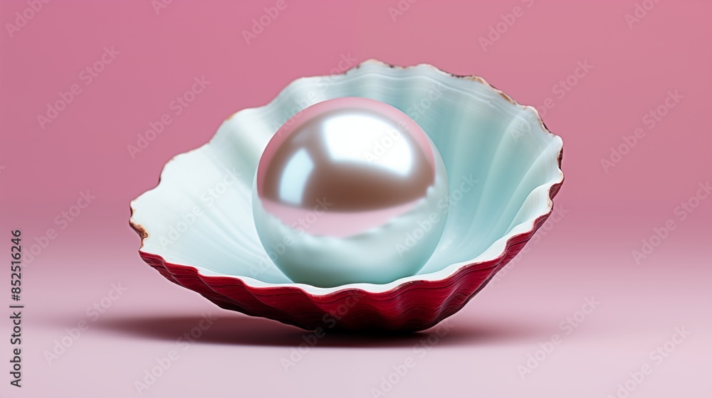 Naklejka premium Elegant Iridescent Pearl Resting in a Red and White Shell Against a Pink Background