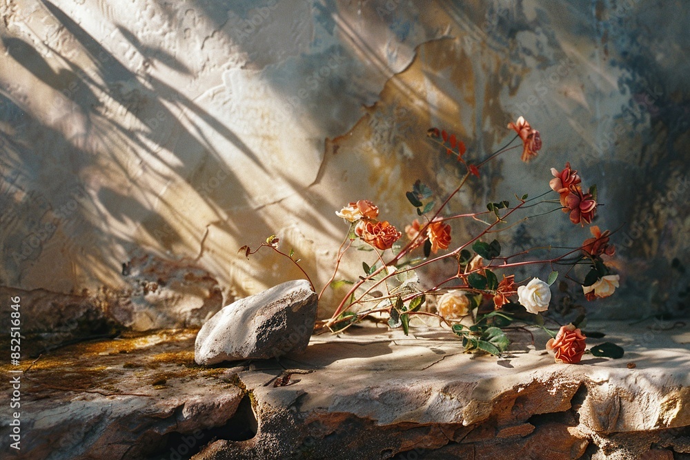 A vase with flowers sitting on a rock, a simple and peaceful scene A vase with flowers sitting on a rock, a simple and peaceful scene