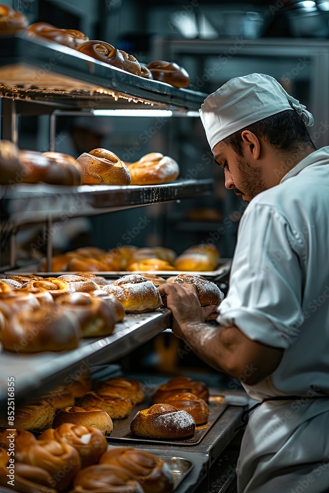 baker in bakery kitchen with baking sheets with buns. food, business, bakery and work. through the shelf with buns. baker in bakery kitchen with baking sheets with buns. food, business, bakery and work. through the shelf with buns.