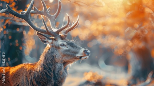 Red deer stag with growing new antlers in sunlight herbivore observing in nature